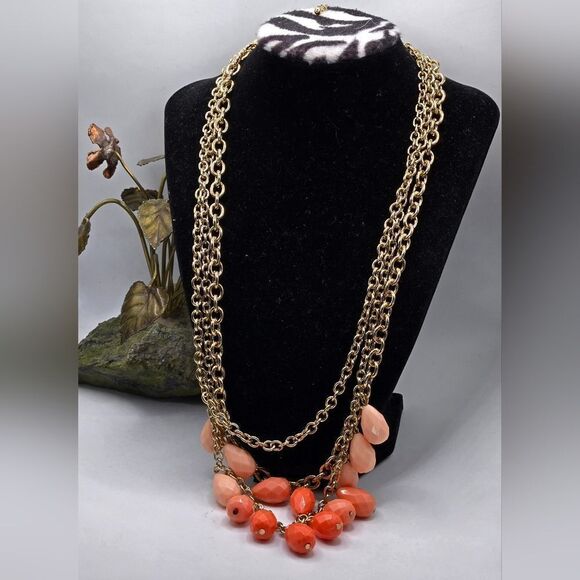 "5/$25" Goldtone Peach/Orange Acrylic Bead Triple Strand Long Statemet Necklace - Picture 1 of 7